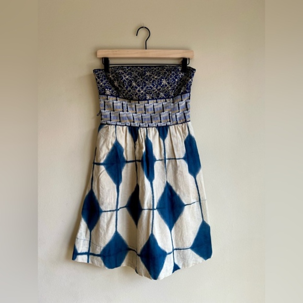 Maeve Anthropologie Cotton Line Strapless Sundress Blue and Cream 4